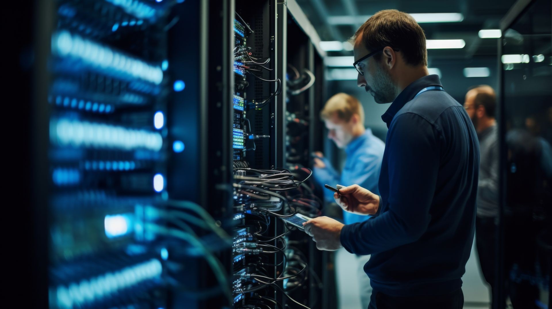 Technicians in a server room working on racks with illuminated network equipment and cables.